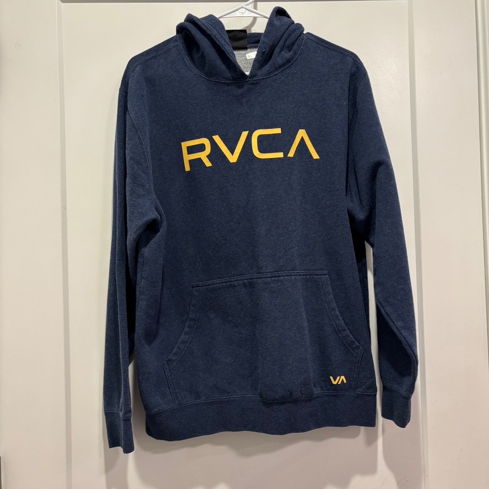 RVCA Mens Large Navy Blue Heathered Pullover Hoodie Yellow Logo Graphic Pocket